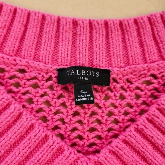 Talbots Mesh Sweater Small PETITE Hot Pink Pullover Beachy Sheer Crochet Cover - Picture 3 of 10